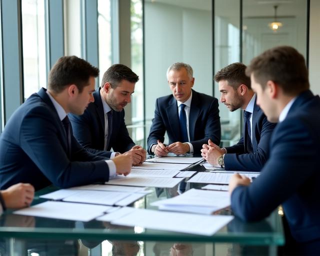 Legal team reviewing documents for regulatory compliance in a modern boardroom